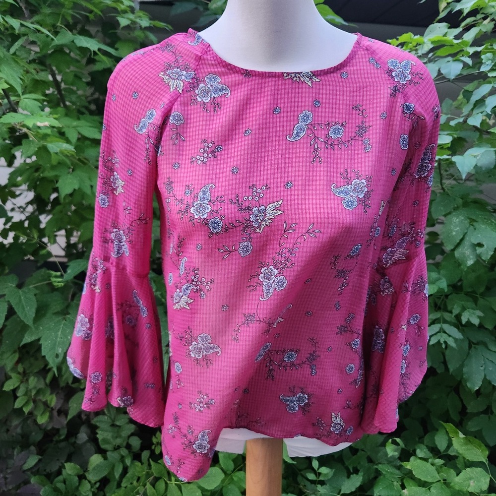 Pink Floral Blouse‎ Women's Bell Sleeve Bohemian Sheer Lightweight Top